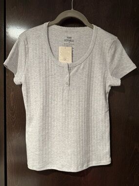 Light Grey Short Sleeve Henley Pointelle Top